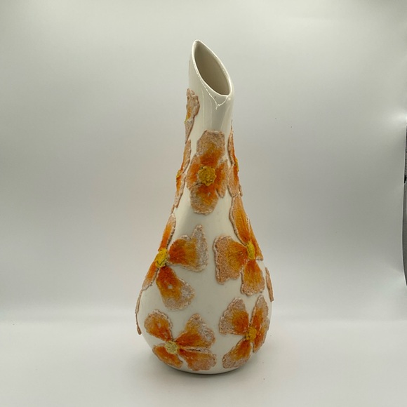 Vintage‎ Ceramic Vase Handmade 1987 Joan Muss Cream Orange Flowers Lava Textured - Picture 3 of 10